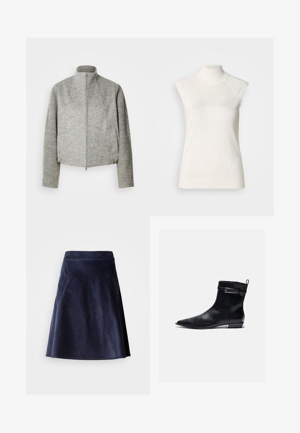 Grijze cropped jas met een hoge kraag, een ritssluiting aan de voorkant en geribbelde lange mouwen. Gemaakt van zachte, gestructureerde stof. Voorzien van zijzakken.; Mouwloze witte coltrui gemaakt van zacht materiaal; heeft een aansluitend ontwerp met een hoge hals en een subtiele geribbelde textuur aan de zoom.; Marine corduroy rok met een uitlopende vorm, voorzien van een diagonale ribstructuur en twee zijzakken. Kortere zoom met een rafelige rand.; Zwarte leren enkellaars met een spitse neus, vlakke hak en een rits aan de zijkant. Bevat een gespsierraad op de manchette voor extra detail. Gladde textuur.