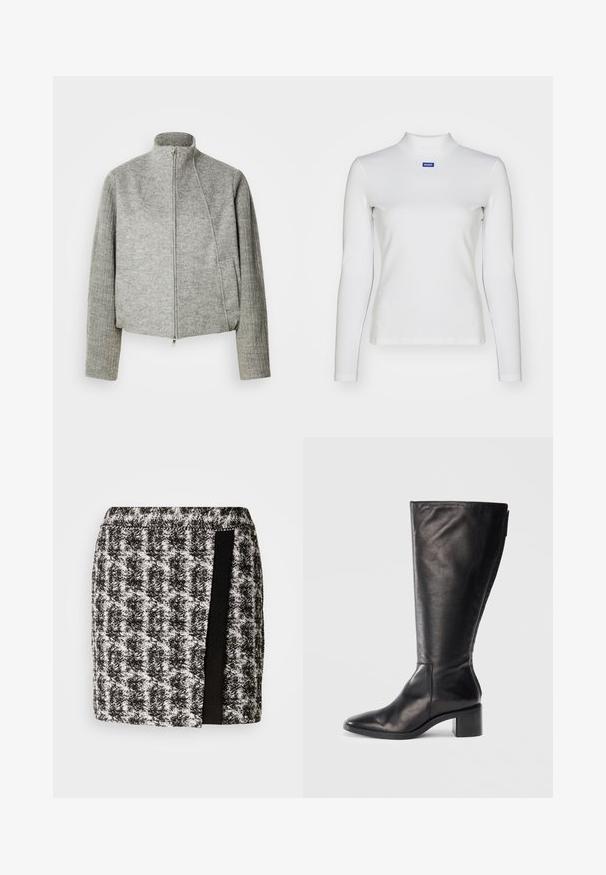 Veste courte grise avec col montant, fermeture éclair frontale et manches longues côtelées. Fabriquée en tissu doux et texturé. Poches latérales incluses.; Haut à col roulé blanc à manches longues en tissu extensible, avec une coupe ajustée et un petit logo bleu sur la poitrine.; Jupe à carreaux noir et blanc avec une taille élastique, présentant un panneau en tissu noir sur le côté. Longueur courte, tissu texturé.; Botte noire en cuir montante, avec un bout carré, un talon large et un design épuré. Texture lisse avec une fermeture éclair sur le côté pour un enfilage facile.