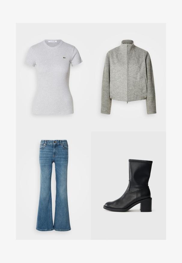 Grijze cropped jas met een hoge kraag, een ritssluiting aan de voorkant en geribbelde lange mouwen. Gemaakt van zachte, gestructureerde stof. Voorzien van zijzakken.; Lichtgrijs aangesloten t-shirt met korte mouwen, een ronde hals en een klein groen Lacoste krokodillenlogo op de linkerborst.; Lichtblauwe flare jeans van denim, met vijf zakken, zichtbare stiksels en een knoop- en ritsluiting in de taille.; Zwarte leren enkellaars met een ronde neus, een gladde textuur en een chunky hak, met een strak schacht en subtiele stiksels.