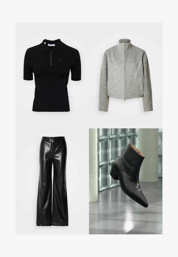 Grå kort jakke med høj krave, lynlås foran og ribstrikkede lange ærmer. Fremstillet af blødt, struktureret stof. Inkluderer sidelommer.; Sort ribbet polo shirt med korte ærmer, lynlås krave og en diskret logo detalje. Lavet af tekstureret strikmateriale.; Sorte læder bukser med bred ben, glat tekstur, høj talje og skjult lynlås foran. Skræddersyet pasform med en ren finish.; Sort læderankelstøvle med spids tå og blokhæl, der svæver over en reflekterende grå gulv nær en væg af glasblokke.
