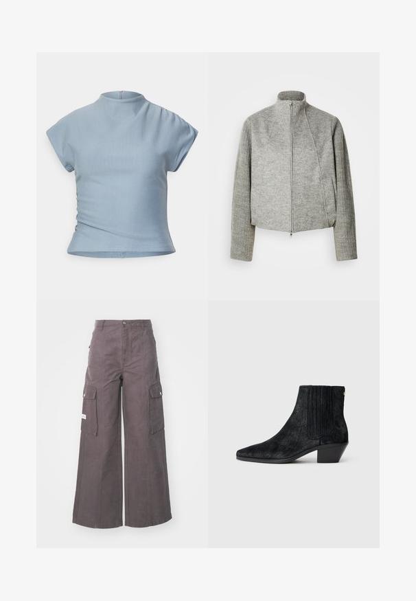 Veste courte grise avec col montant, fermeture éclair frontale et manches longues côtelées. Fabriquée en tissu doux et texturé. Poches latérales incluses.; Haut bleu clair à manches courtes avec un col haut, design ajusté, détails froncés aux épaules et fermeture éclair invisible au dos.; Pantalons cargo larges gris en fabric robuste, dotés de quatre grandes poches, d'une fermeture à bouton à l'avant et d'une coupe décontractée.; Bottine noire à bout pointu, en matériau texturé imitant les cheveux, avec un panneau latéral à nervures et un petit talon carré. Un design simple et moderne.