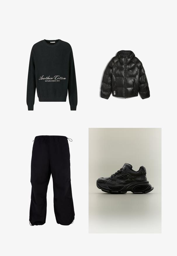 Schwarze glänzende Steppjacke mit Kapuze, durchgehendem Frontreißverschluss und kleinem Puma-Logo auf der Brust, dargestellt auf weißem Hintergrund.; Schwarzer Strickpullover mit Rundhalsausschnitt, gerippter Textur und gesticktem Text "Another Cotton ESTABLISHED 2023" in Weiß.; Schwarze, locker sitzende Cargo-Hosen mit elastischem Bund und verstellbarem Kordelzug. Mit Reißverschlusstaschen und Bündchen an den Knöcheln.; Schwarzer klobiger Sneaker mit strukturiertem Design, dicker Sohle und Schnürverschluss vor schlichtem neutralem Hintergrund.
