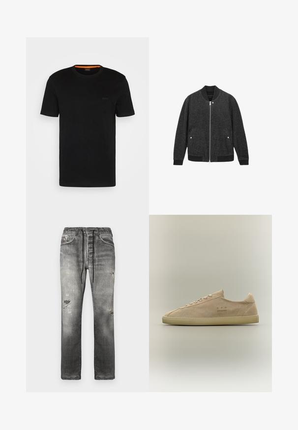 Grå bomberjakke med lynlås foran, ribbet krave og manchetter samt sidelommer; blød tekstur, strømlinet design, minimalisme.; Sort kortærmet t-shirt lavet af blødt stof, med rund halsudskæring og et diskret logo på fronten. Indvendigt i kraven er der orange detaljer.; Grå denimjeans med en afslappet pasform, der har falmede områder, slidte detaljer og en snøre i taljen for justerbar komfort.; Beige ruskind lavtop sneaker med beige gummisål, snørelukning og diskret "C.P. Company" branding på siden.