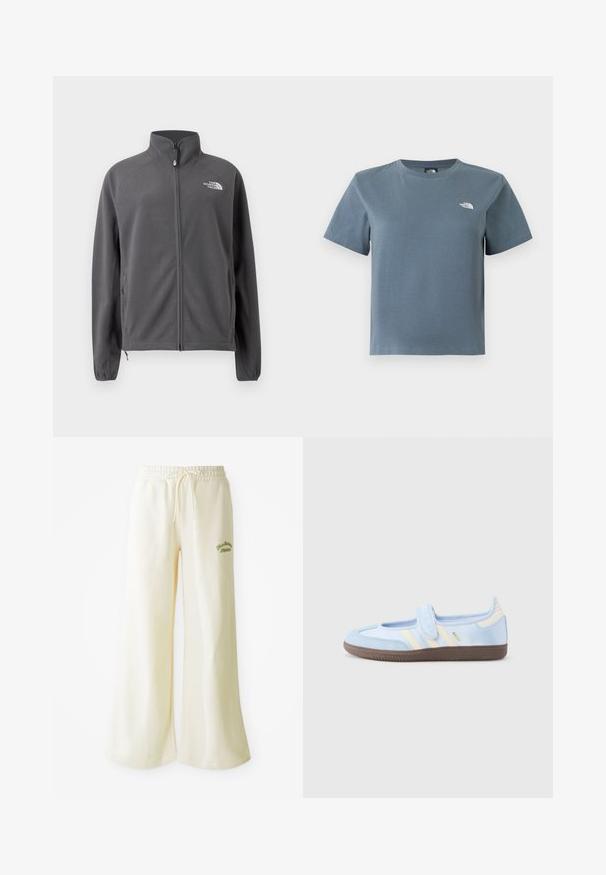 Donkergrijs fleecejack met volle ritssluiting, hoge kraag, zijzakken, elastische boorden en een wit The North Face-logo op de borst.; Grijsblauw T-shirt met korte mouwen en ronde hals, met een klein wit The North Face-logo op de linkerborst, afgebeeld tegen een witte achtergrond.; Crème wijde sweatpants met een elastische tailleband en een verstelbare drawstring. Geborduurd groen "Athletic"-tekst op de voorkant. Zachte stof.; Lichtblauwe sneaker met klittenbandsluiting, crèmekleurige strepen aan de zijkanten, zachte stoffen bovenzijde, gestructureerde bruine rubberen zool.