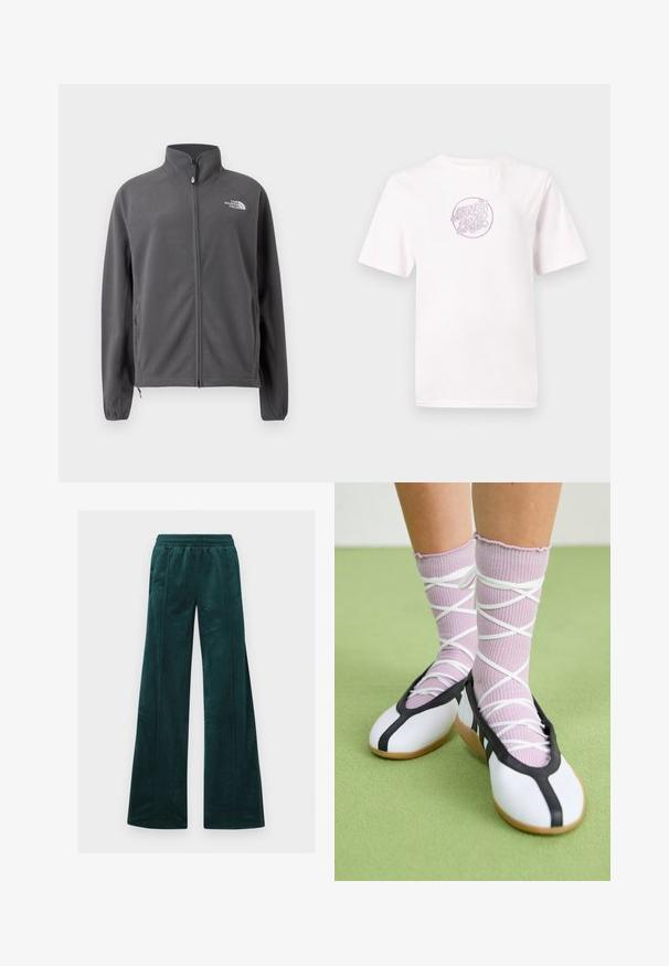 Mørkegrå fleecejakke med fuld lynlås, høj krave, sidelommer, elastiske manchetter og hvidt The North Face-logo på brystet.; Hvid bomulds t-shirt med korte ærmer, der har et cirkulært pink broderet logo med stiliseret tekst i midten.; Teal bredde bukser i blød velour med elastisk talje og vertikal syning. Ingen synlige lommer.; Ben iført ribbet lilla sokker med hvide krydsede stropper kombineret med hvide balletsko med sort kant på grøn gulv.