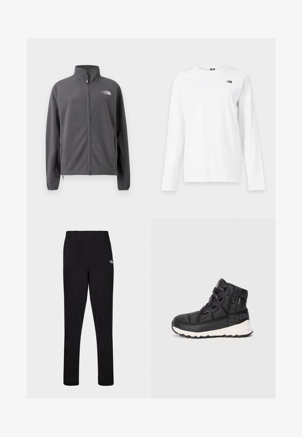 Dunkelgraue Fleece-Jacke mit durchgehendem Reißverschluss, hohem Kragen, Seitentaschen, elastischen Bündchen und weißem The North Face Logo auf der Brust.; Weißes Langarmshirt mit Rundhalsausschnitt und kleinem schwarzem The North Face-Logo auf der linken Brust.; Schwarze enganliegende Sportleggings mit hohem Bund und kleinem weißem The North Face-Logo am oberen linken Oberschenkel.; Schwarze mid-cut Wanderschuhe mit strukturiertem Finish, verstellbaren Schnürsenkeln und weißer Gummisohle. Mit Branding an der Seite.