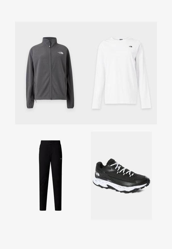 Mørkegrå fleecejakke med fuld lynlås, høj krave, sidelommer, elastiske manchetter og hvidt The North Face-logo på brystet.; Hvid langærmet T-shirt med rund hals og lille sort The North Face-logo på venstre bryst.; The North Face W QUEST SOFTSHELL PANTS - Bukser - tnf black; Sort atletiksko med mesh-overdel og tekstureret design. Har hvidsprækket mellemsål, tykk sort ydersål og reflekterende snørebånd.