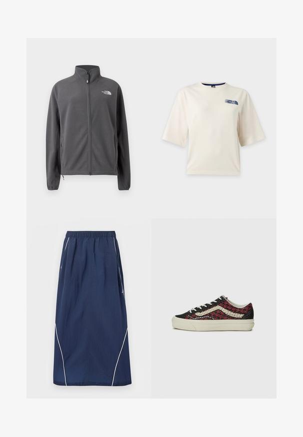 Dunkelgraue Fleece-Jacke mit durchgehendem Reißverschluss, hohem Kragen, Seitentaschen, elastischen Bündchen und weißem The North Face Logo auf der Brust.; Weißes T-Shirt mit kurzen Ärmeln und kleinem blauem The North Face Logo auf der linken oberen Brust.; Marineblaue lange Rock mit elastischem Bund und weißen Paspeldetails entlang der Seiten und unteren Kanten.; Vans OLD SKOOL 36 UNISEX - Sneaker low - bordeaux