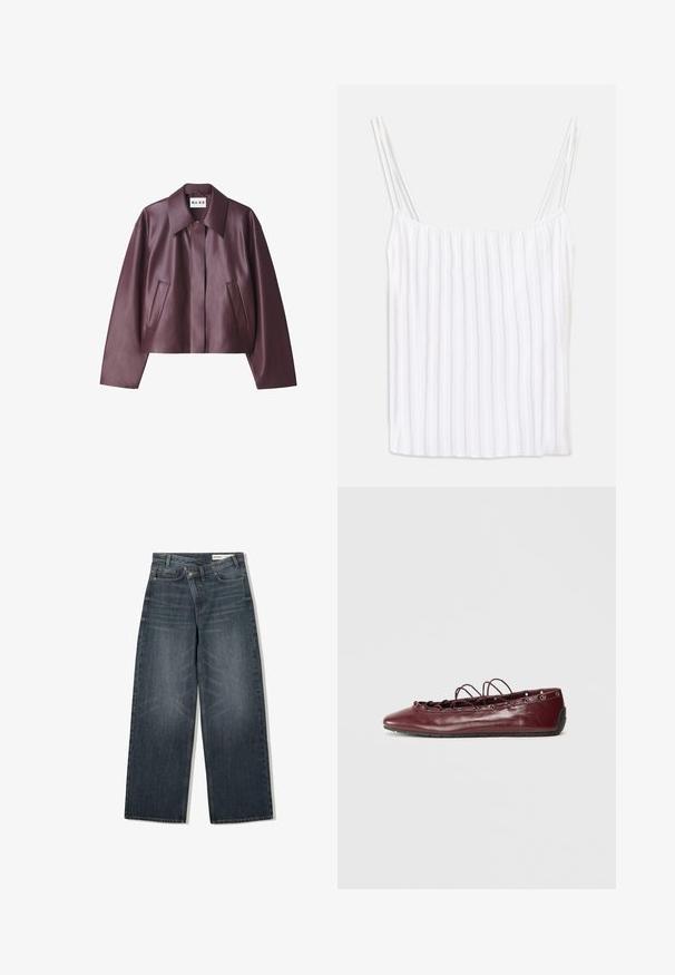 NA-KD Imiteret læderjakke - burgundy; Hvid ærmeløs top med tynde spaghettistropper, der har en lodret ribbet tekstur og en lige kant. Letvægtsstof, minimalistisk design.; Mørk vaskede denim jeans med en bred benudskæring, der har høj talje, fem lommer og diskrete slidser på forsiden.; Burgundy læder balletflade med spids tå, snøredetaljer foran, og sølvøjer. Blød sål for fleksibilitet og komfort.