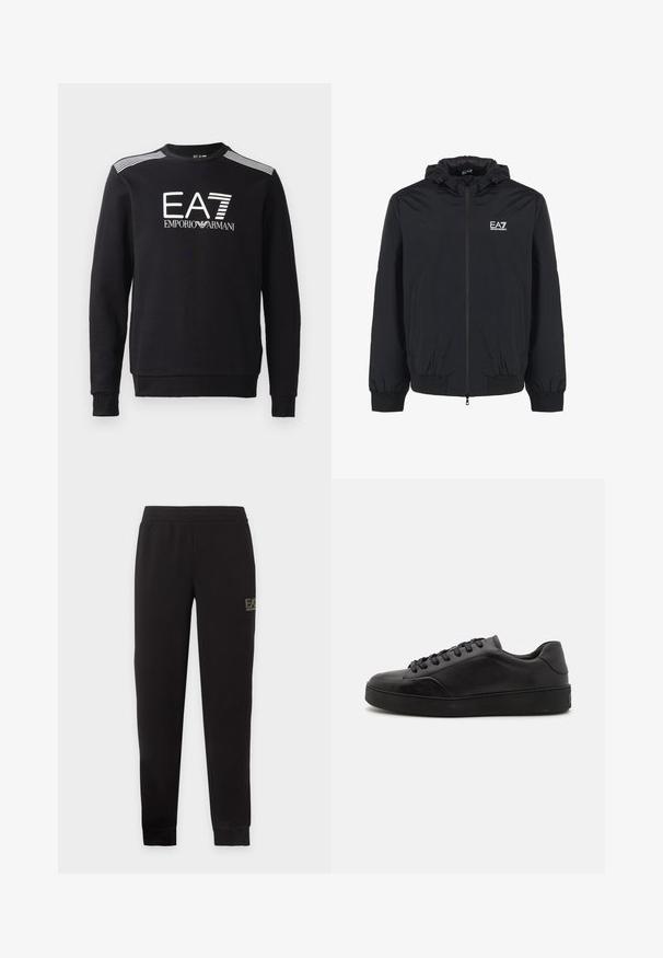 Must värviline kapuutsiga jakk elastsete mansettide ja alläärega, ees on lukuga ja vasakul rinnal on kokku õmmeldud EA7 logo. Kerge kangas.; Must värvi puuvillane sweatshirt, millel on ümar kaelus, pikad varrukad, valge EA7 logo ja triibud õlgadel.; Mustad kitsenevad dressipüksid, millel on elastne vöökoht ja mansetid ning väike EA7 Emporio Armani logo parema reie ülaosas.; Mustad nahast tossud ümarate varvastega, lapiku tallaga ja traditsioonilise seotud stringiga. Omavad siledat tekstuuri ja peeneid külgpaneeli detaile.