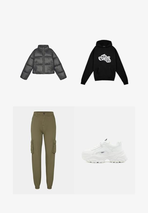 Veste puffer raccourcie en matériau noir brillant, avec un col haut, des manches surdimensionnées, une fermeture éclair et deux poches avant.; Pegador PALUMA OVERSIZED HOODIE - Sweatshirt - black; Pantalons cargo vert olive en tissu doux, dotés de deux poches latérales, de poignets élastiques et d'une fermeture par bouton à l'avant.; Des sneakers blancs chunky avec un dessus en cuir lisse, un bout rond et une semelle épaisse texturée avec un logo de marque visible sur le côté.