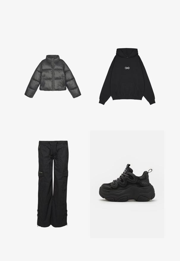 Chaqueta corta de plumón en material negro brillante, con un cuello alto, mangas amplias, cierre de cremallera y dos bolsillos frontales.; Pegador BELLY OVERSIZED HOODIE - Jersey con capucha - washed black; Pantalones cargo negros hechos de tejido liviano. Cuentan con una cintura elástica, múltiples bolsillos y cremalleras en el dobladillo. Acabado texturizado.; Zapatilla negra con un diseño voluminoso, que presenta una parte superior texturizada, paneles de malla y una suela de goma gruesa. Cuerdas reflectantes y detalles de marca visibles.
