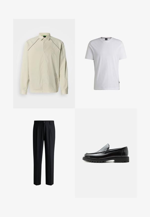 Veste légère beige avec col pointu, manches longues, passepoil noir le long des épaules et logo circulaire sur le côté gauche de la poitrine.; T-shirt blanc à manches courtes en coton. Doté d'un col rond et d'une étiquette de marque subtile sur le côté. Texture lisse et design simple.; Pantalons noirs en tissu lisse, avec une coupe droite, des plis à l'avant et une fermeture à bouton avec passants de ceinture.; Mocassin en cuir noir avec semelle en caoutchouc épaisse, dessus cousu et nom de marque embossé sur le talon, présenté de profil sur fond blanc.
