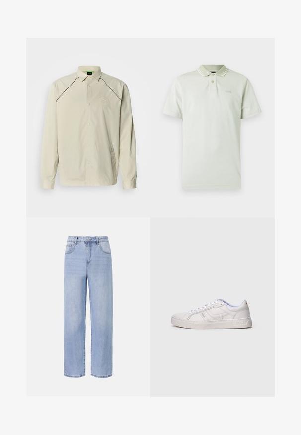 Veste légère beige avec col pointu, manches longues, passepoil noir le long des épaules et logo circulaire sur le côté gauche de la poitrine.; Polo vert clair avec col, deux boutons et accents de rayures blanches. Présente un logo brodé sur la poitrine et des manches courtes.; Jean en denim bleu clair avec une coupe décontractée et des jambes larges. Les caractéristiques incluent cinq poches, une fermeture à bouton à l'avant et une décoloration subtile.; Baskets blanches basses à lacets, avec des détails cousus et le logo "BOSS" sur le côté et la semelle, vues de côté extérieur.