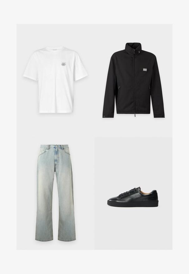 Veste noire zippée avec col haut, poches latérales zippées et un petit patch logo rectangulaire sur la poitrine gauche.; T-shirt blanc en coton avec des manches courtes, un col ras du cou et un petit logo gris sur la partie gauche de la poitrine. Texture lisse.; Jean en denim bleu clair à jambes larges, taille haute, fermeture avant par bouton et zip, et design à cinq poches.; Baskets en cuir noir avec une texture lisse, bout rond et fermeture à lacets. Comprend une semelle en caoutchouc épaisse et un minimum de détails de marque.
