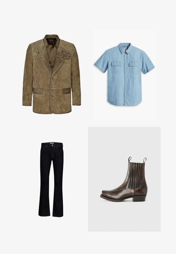 Brun ruskind jakke med spids krave, frontknapper og dekorativ syning på kraven og lommerne. Har en afslappet pasform.; Lyseblå kortærmet skjorte med knaplukning lavet af denim, med to brystlommer med lodret syning og en klassisk krave.; Mørkeblå bukseskær med flared fit lavet af denim med en glat tekstur. Har fem lommer, messingbeslag og kontrastsygning.; Brun læder ankelstøvle med en glat overflade, elastiske sidepaneler, en rund tå, dekorativ syning og en lav blokhæl.