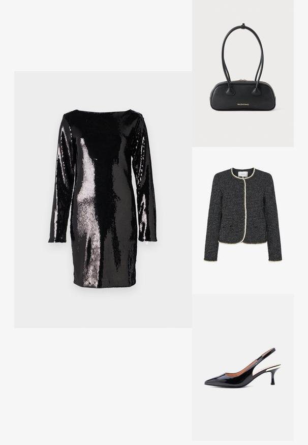 Čierno-biely tvídový sak s okrúhlym výstrihom, opleteným obšívaním a dvoma prednými vreckami. Obsahuje štruktúrovaný vzor po celom povrchu.; Dlhé čierne šaty pokryté veľkými flitrami, s loďkovým výstrihom a priliehavým strihom, odrážajúce svetlo v rôznych odtieňoch.; Čierny lodička na podpätku s odkrytým pätovým pásikom z lakovanej kože, so špicatou špičkou a stredne vysokým podpätkom, ozdobeným metalickým detailom pri päte.; Čierna kožená kabelka so zlatými doplnkami, dvojitými hornými uchami, zaobleným tvarom a hladkou textúrou, na prednej strane s vyrazeným názvom značky „Valentino“.