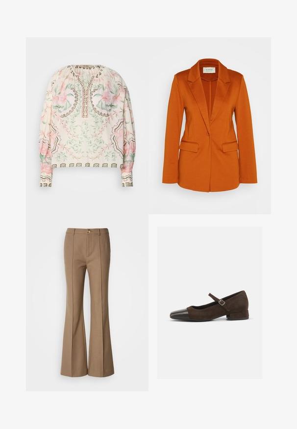 Blazer orange avec une texture lisse, des revers crantés, un devant à un seul bouton et deux poches latérales. Forme ajustée avec des manches longues.; Blouse légère crème avec imprimé floral en rose et vert. Présente un col froncé et des accents bruns délicats. Manches longues.; Pantalons évasés marron avec une texture lisse, dotés d'une fermeture à bouton sur le devant et de coutures verticales pour une meilleure structure.; Chaussure Mary Jane en daim marron avec un embout en cuir verni noir, bride ajustable et un petit talon carré. Texture lisse avec de minimalistes accents.