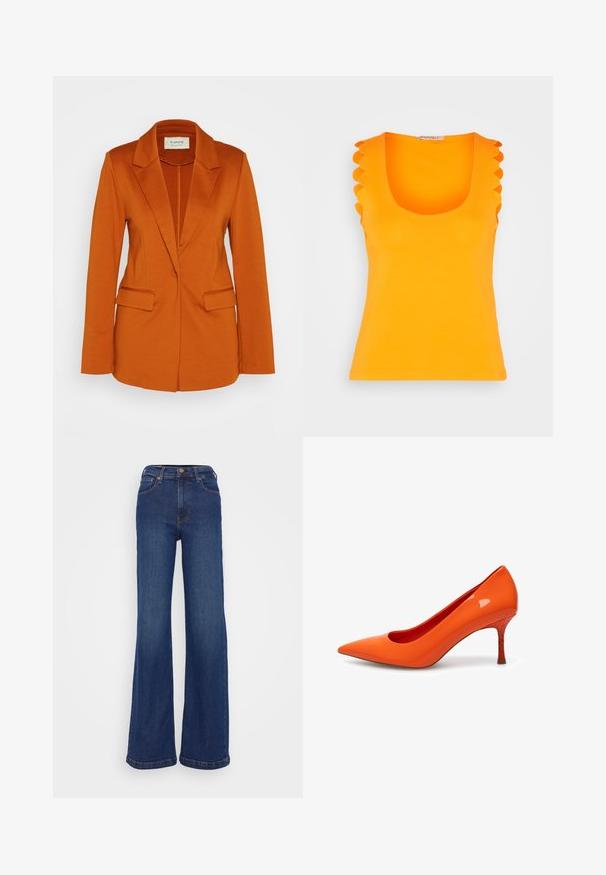 Oranger Blazer mit glatter Textur, mit Reverskragen, einer Knopfleiste vorne und zwei seitlichen Taschen. Taillierte Form mit langen Ärmeln.; Anna Field by Zalando Top - orange; Weiter Jeans aus dunkelblauem Denim. Verfügt über eine hohe Taille, ein Fünf-Taschen-Design und dezente Ziernähte an den Nähten.; Woden WODEN - Pumps - tiger