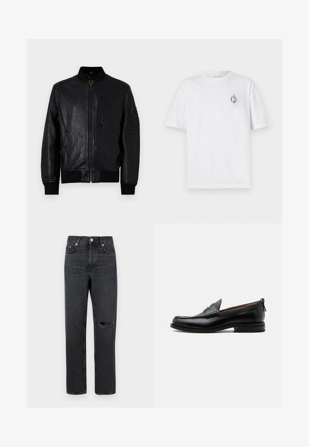 Schwarze Lederbomberjacke mit einem Reißverschluss vorne, gerippten Bündchen und Saum. Mit seitlichen Taschen und einer aufgesetzten Tasche am linken Ärmel.; Weißes Baumwoll-T-Shirt mit lockerer Passform, das ein kleines schwarzes Grafiklogo auf der linken Brustseite aufweist. Kurze Ärmel, Rundhalsausschnitt.; Schwarze Denim-Jeans mit geradem Bein, featuring ein zerrissenes Knie, Fünf-Taschen-Design und Metallbeschläge an der Taille und den Taschen.; Schwarzer Leder-Herrenschuh mit Mokassinnaht, Penny-Riemen, strukturiertem Kragen und niedrigem gestapeltem Absatz auf weißem Hintergrund.