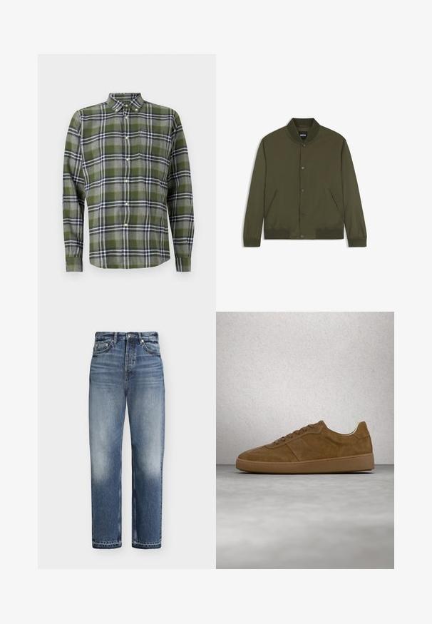 Blouson bomber homme vert olive avec col, poignets et bas côtelés, boutons-pression devant et deux poches latérales.; Chemise à carreaux verts en tissu doux, dotée de manches longues, d'un col boutonné et d'une poche poitrine avec un petit logo.; Jean bleu taille haute à jambes droites avec des détails délavés, poches avant, fermeture par bouton et passants de ceinture sur fond blanc.; Baskets en daim marron avec des lacets couleur fauve et une semelle en caoutchouc. Présente un bout arrondi et des détails cousus sur la tige. Design léger.
