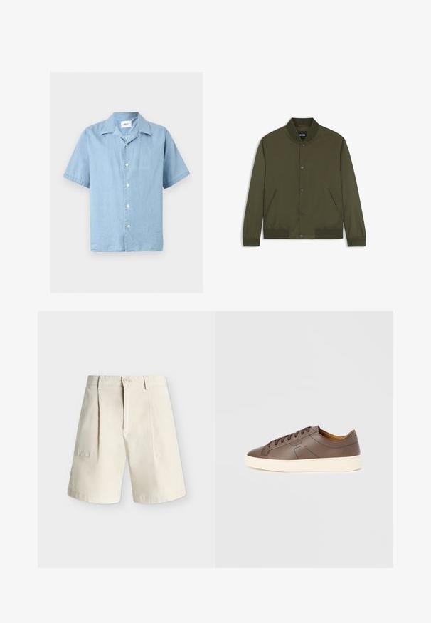 Blouson bomber homme vert olive avec col, poignets et bas côtelés, boutons-pression devant et deux poches latérales.; Chemise bleu clair à manches courtes, boutonnée, avec un col classique et des boutons blancs, étalée à plat sur un fond neutre.; Short beige mi-long jusqu'aux genoux avec plis sur le devant, passants de ceinture, fermeture par boutons et poches latérales sur un fond clair uni.; Baskets en cuir marron à texture lisse, semelle extérieure crème contrastante, bout arrondi et lacets marron foncé ; présente un logo discrètement embossé.
