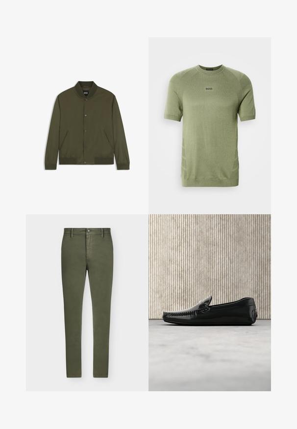 Blouson bomber homme vert olive avec col, poignets et bas côtelés, boutons-pression devant et deux poches latérales.; Chemise en maille vert olive à manches courtes avec col ras du cou et logo "BOSS" centré sur la poitrine.; Pantalon slim fit vert olive avec passants de ceinture, bouton devant et fermeture éclair, présenté sur un fond clair uni.; Mocassins en cuir noir avec une finition brillante, bout rond et quincaillerie décorative à l'avant. Semelle en caoutchouc à profil bas. Texture lisse.
