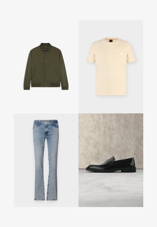 Olivenfarvet bomberjakke til mænd med ribbet krave, manchetter og kant, forreste trykknapper og to sidelommer.; Beige kortærmet crew-neck T-shirt med et lille firkantet logo-patch på venstre bryst og en sort mærkeetiket inde i kraven.; Lyseblå denimflarebukser med mellemhøj talje, fem lommer og en falmet finish, med lynlås og metalknaplukning.; Sort poleret læderloafer flydende over beige tæppe med orange gennemsigtigt møbel i baggrunden.