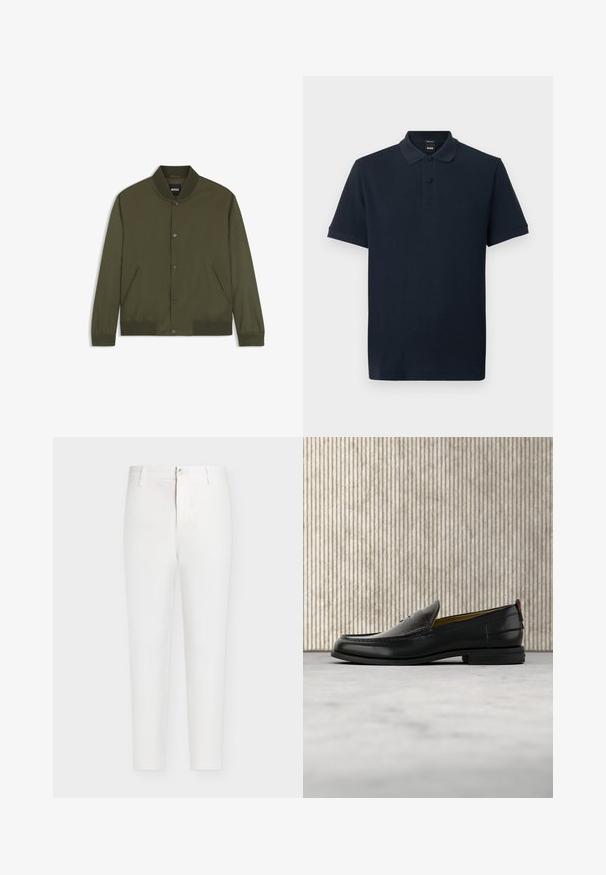 Blouson bomber homme vert olive avec col, poignets et bas côtelés, boutons-pression devant et deux poches latérales.; Polo à manches courtes bleu marine avec col, deux boutons noirs, et logo brodé discret sur la poitrine.; Pantalon blanc taille haute à jambes droites avec passants de ceinture, fermeture par bouton et braguette zippée sur un fond uni gris clair.; Mocassin pour homme en cuir noir avec un dessus embossé effet croco et un petit talon, présenté de profil sur un fond neutre.