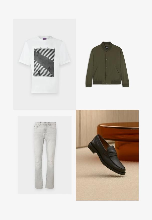 Blouson bomber homme vert olive avec col, poignets et bas côtelés, boutons-pression devant et deux poches latérales.; T-shirt blanc avec une photo noir et blanc imprimée représentant trois personnes traversant un passage piéton rayé, avec le texte « HUGO » au-dessus de l'image.; Jean slim gris clair avec usure aux deux genoux, cinq poches, fermeture par bouton et zip.; Mocassin homme en cuir noir avec une bande sur le dessus, présenté sur un tapis beige près d'une table ronde moderne marron.