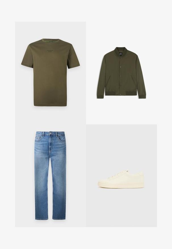 Blouson bomber homme vert olive avec col, poignets et bas côtelés, boutons-pression devant et deux poches latérales.; T-shirt à manches courtes olive avec col rond et petit logo embossé "Porsche BOSS" centré sur la poitrine.; Jean denim bleu clair à coupe droite avec cinq poches et fermeture par boutons, présenté à plat sur fond blanc.; Baskets couleur crème avec une tige en cuir lisse, bout arrondi, laçage à l'avant et semelle en caoutchouc texturée. Design minimaliste, sans logo.