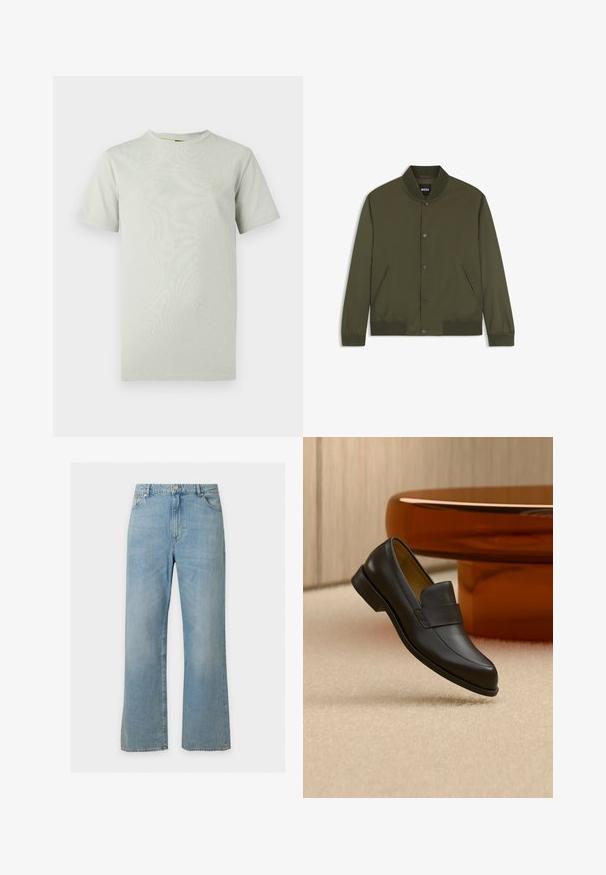 Blouson bomber homme vert olive avec col, poignets et bas côtelés, boutons-pression devant et deux poches latérales.; T-shirt vert clair à manches courtes en coton doux et lisse, avec un col rond et une petite étiquette logo sur la poitrine gauche.; Jean en denim bleu clair à jambe droite avec poches avant, passants de ceinture et fermeture par bouton, présenté sur un fond uni.; Mocassin en cuir noir à talon bas flottant au-dessus d'un sol moquetté beige près d'une table ronde marron.