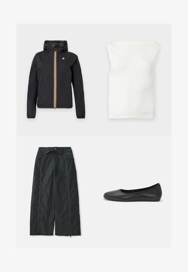 Veste coupe-vent noire à capuche avec fermeture éclair rayée multicolore et petit logo sur la poitrine gauche, poignets élastiques et poches avant.; Top tube blanc ajusté sans bretelles avec un décolleté droit et un tissu lisse, présenté sur un fond clair.; Pantalons larges noirs en matière légère, dotés de motifs texturés sur les côtés et d'ouvertures zippées aux ourlets.; Ballerines en cuir noir avec un bout rond, texture lisse, détails de couture minimalistes et design de semelle flexible.