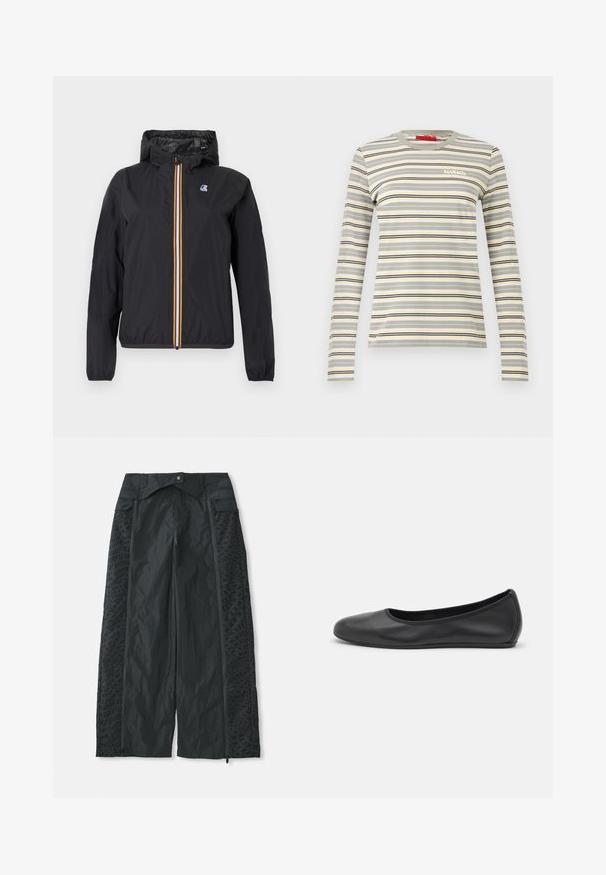 Veste coupe-vent noire à capuche avec fermeture éclair rayée multicolore et petit logo sur la poitrine gauche, poignets élastiques et poches avant.; T-shirt à manches longues avec col rond, rayures horizontales beige, grises, noires et jaunes, et petit logo blanc "MAX&Co." sur la poitrine.; Pantalons larges noirs en matière légère, dotés de motifs texturés sur les côtés et d'ouvertures zippées aux ourlets.; Ballerines en cuir noir avec un bout rond, texture lisse, détails de couture minimalistes et design de semelle flexible.