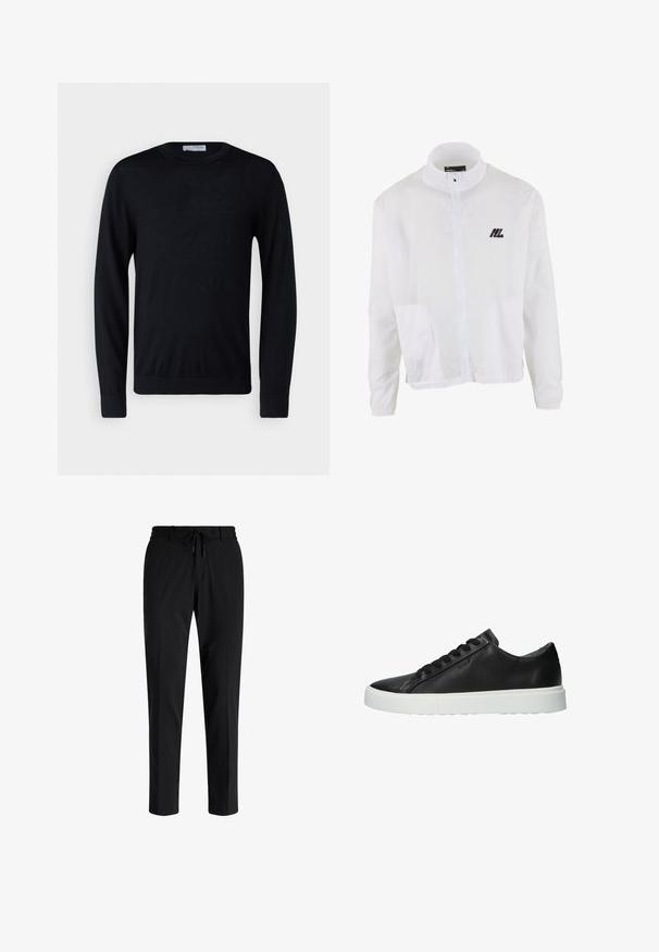 Hvid jakke med højt krave, lynlås foran og to sidelommer. Har et sort logo på venstre bryst. Letvægtsstof.; Sort langærmet rundhalset sweater med ribstrikkede ærmeafslutninger og kant, vist mod en hvid baggrund.; Sorte bukser lavet af glat stof, med snoretræk i taljen, tapered ben og uden synlige lommer. Enkel og alsidig design.; Blackstone CRAG FINN - Sneakers - black