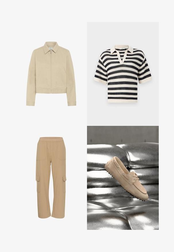 Chaqueta beige con cremallera, dos bolsillos delanteros, mangas largas y cuello puntiagudo, mostrada sobre un fondo blanco.; Jersey de punto de manga corta con rayas horizontales en blanco y negro y cuello en V sobre un fondo liso.; Pantalones cargo beige con una cintura elástica, bolsillos laterales y un corte relajado. Fabricados con un tejido ligero y texturizado.; Mocasín beige de ante con detalle de cordones y suela de goma con tachuelas, colocado sobre una superficie acolchada metálica plateada brillante.
