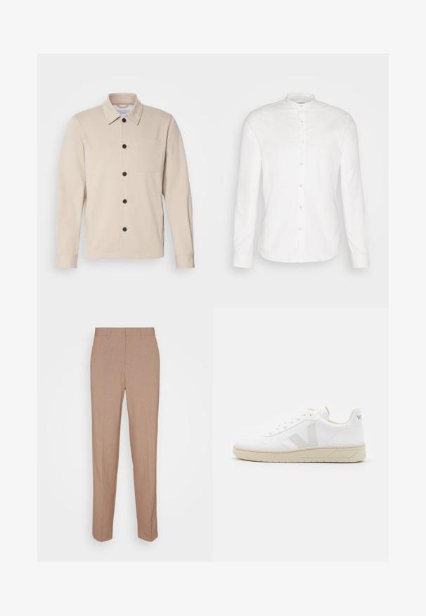 Beige button-up jas van zacht materiaal, met een kraag, voorste zak en zwarte knopen. Lange mouwen met gestikte manchetten.; Witte, langslijpende shirt met een Mandarin-kraag en een voorflap. Gemaakt van katoen, met een zachte textuur en knoopsluitingen.; Beige, op maat gemaakte broek van een gladde, gestructureerde stof. Rechte pasvorm met een tailleband en zonder zichtbare versieringen of zakken.; Witte sneakers met een geperforeerde textuur op de neus, een glad leren bovenwerk, een beige zool en een subtiele logo op de hak.