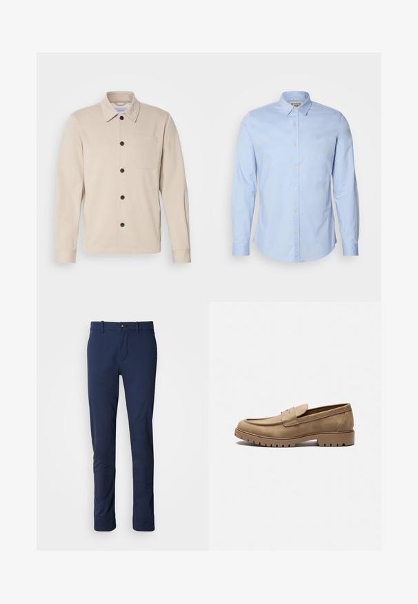 Chaqueta beige de botones, hecha de tejido suave, con cuello, bolsillo frontal y botones negros. Mangas largas con puños cosidos.; Camisa de manga larga azul claro, hecha de algodón, que cuenta con un cuello abotonado, botones frontales y un logo sutil bordado en el pecho.; Pantalones azul marino de tela suave, con un diseño de pierna recta, cierre de cremallera y un único bolsillo frontal con cierre de botón.; Mocasines de gamuza color marrón claro con punta redondeada, suela plana de goma y costuras decorativas en la parte superior. Presentan un diseño sin cordones para poner y quitar fácilmente.