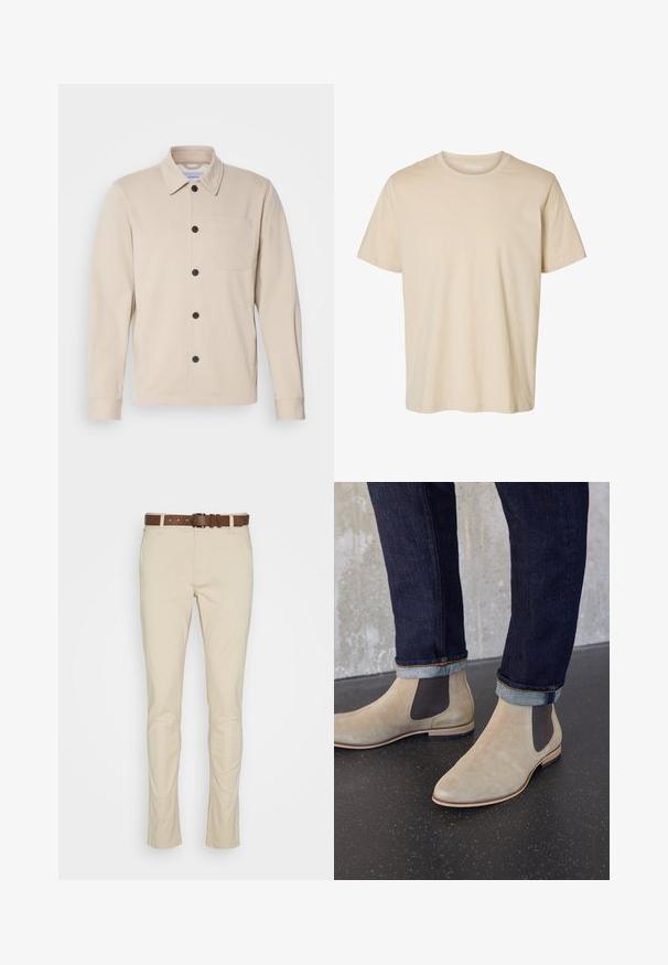 Beige button-up jas van zacht materiaal, met een kraag, voorste zak en zwarte knopen. Lange mouwen met gestikte manchetten.; Beige T-shirt met korte mouwen en ronde hals, effen ontwerp, gemaakt van zachte stof.; Beige katoenen chinos met een gladde textuur, voorzien van een bruine leren riem, rechte pijpen en een klassiek vijf-pocket design.; Lichtbeige suède Chelsea-laarzen met donkere elastische zijpanelen, gedragen met donker opgerolde spijkerbroeken op een zwarte gevlekte vloer.