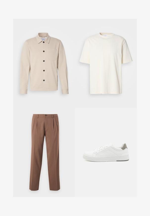 Veste beige à boutons fabriquée dans un tissu doux, avec un col, une poche avant et des boutons noirs. Manches longues avec des poignets cousus.; T-shirt uni à col rond, à manches courtes, de couleur blanc cassé, design unisexe, présenté sur un fond gris neutre.; Pantalons plissés marron avec une coupe droite, dotés d'une fermeture à un bouton et d'un tissu lisse et texturé.; Basket blanche en cuir lisse, à bout arrondi, design minimaliste, accent de talon gris et semelle en caoutchouc texturé.