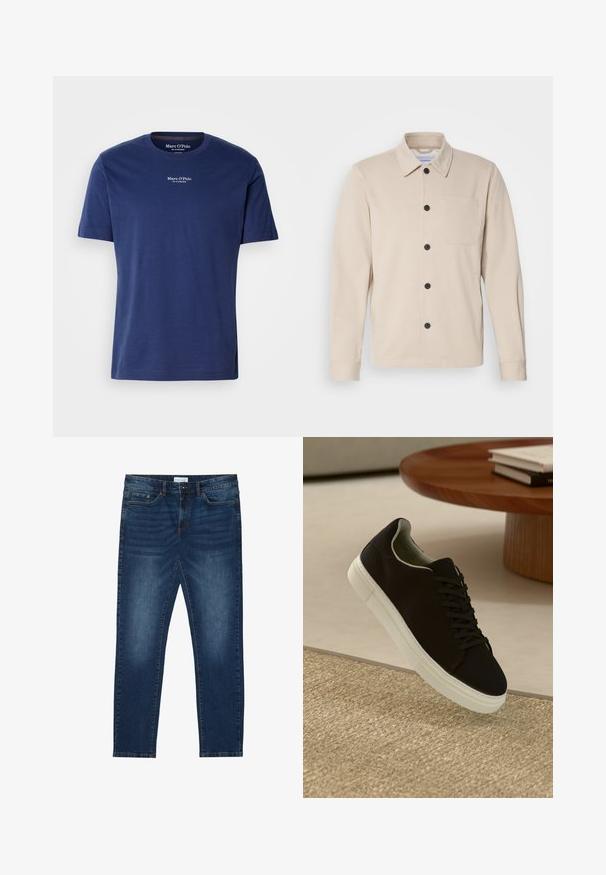 Beige button-up jas van zacht materiaal, met een kraag, voorste zak en zwarte knopen. Lange mouwen met gestikte manchetten.; Donkerblauwe katoenen T-shirt met korte mouwen, ronde halslijn en een klein wit logo op de borst. Gladde textuur en een relaxte pasvorm.; Donkerblauwe slim-fit jeans met vervaagde details, klassiek vijf-pocket ontwerp, knoopsluiting en riemlussen.; Zwarte sneaker met witte zool die boven een beige gestructureerd tapijt zweeft, nabij een ronde houten tafel met gestapelde boeken.
