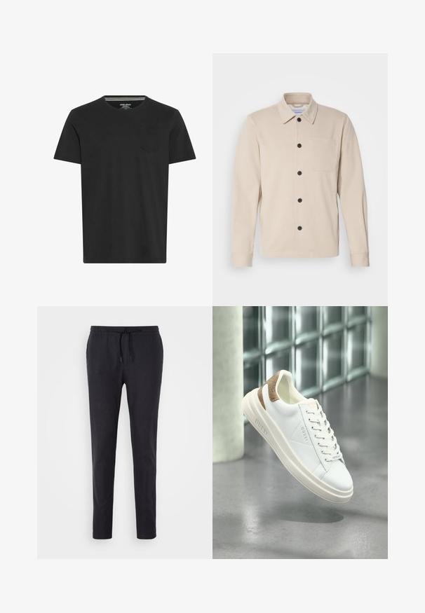 Beige knapjakke i blød stof, med krave, forlommer og sorte knapper. Lange ærmer med syede manchetter.; Sort kortærmet T-shirt lavet af bomuld. Har en rund hals og en lille lomme på venstre bryst. Glat tekstur og simpelt design.; Sorte bukser med snøre i livet, tilspidset pasform, glat tekstur og elastiske manchetter. Fremstillet af letvægtsstof.; Hvide lædersneakers med beige mønstret accent på hælen, glat tekstur, snørebåndsdesign og prægede branding på siden.