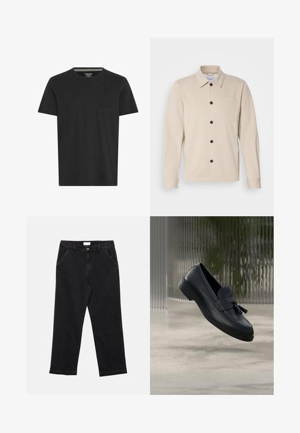 Beige knapjakke i blød stof, med krave, forlommer og sorte knapper. Lange ærmer med syede manchetter.; Sort kortærmet T-shirt lavet af bomuld. Har en rund hals og en lille lomme på venstre bryst. Glat tekstur og simpelt design.; Sorte denimbukser med lige skæring, der har knaplukning, fire lommer og en tekstureret stof. Simpelt og alsidigt design.; Sorte læderloafers med en glat tekstur, en rundet tå og dekorative kvaster foran. Fleksibel gummisål med lav hæl.