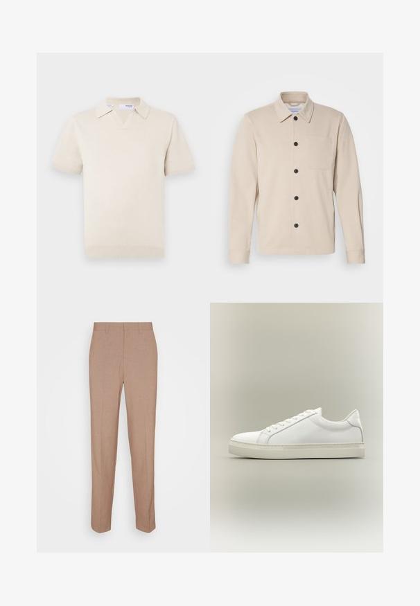 Veste beige à boutons fabriquée dans un tissu doux, avec un col, une poche avant et des boutons noirs. Manches longues avec des poignets cousus.; Polo en maille à manches courtes de couleur crème avec un col en V et un design à col. Comprend des poignets et un ourlet côtelés, texture lisse.; Pantalon beige sur mesure en tissu lisse et texturé. Coupe droite avec une taille à la taille et sans ornements visibles ni poches.; Baskets blanches basses à lacets sur l’avant et semelle épaisse, vues de côté sur un fond neutre.