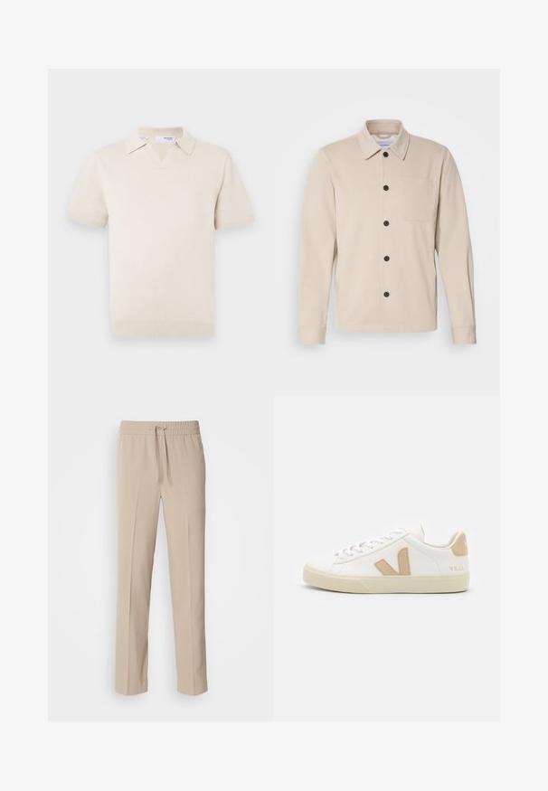 Beige Knopfjacke aus weichem Stoff mit Kragen, Fronttasche und schwarzen Knöpfen. Lange Ärmel mit genähten Manschetten.; Cremefarbener, kurzärmeliger Strick-Poloshirt mit V-Ausschnitt und Kragen. Verfügt über gerippte Bündchen und Saum, glatte Textur.; Beige, locker sitzende Hosen aus weichem Stoff, mit einem elastischen Bund und Kordelzug sowie geraden Beinen mit minimalen Akzenten.; Weiße Sneaker mit beigen Akzenten, aus glattem Leder, mit runder Zehenform, flacher Gummisohle und Schnürverschluss sowie einem Logo an der Ferse.