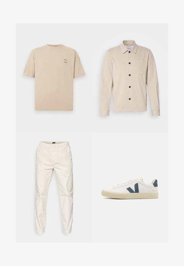 Beige button-up jas van zacht materiaal, met een kraag, voorste zak en zwarte knopen. Lange mouwen met gestikte manchetten.; Beige katoenen T-shirt met een ronde halslijn en korte mouwen. Heeft een klein tekstlogo op de linkerbovenkant. Eenvoudig, onopgesmukt ontwerp.; Lichtbeige elastische broeken met een knoopsluiting, met een gladde textuur en taps toelopende pijpen, ontworpen voor casual wear.; Witte leren sneaker met een teal suede logo, ronde neus, vetersluiting en rubberen zool met textuurdetails. Merkenaam "VEJA" in goud.