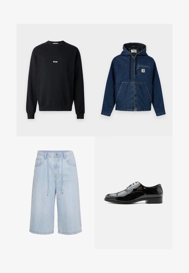 Veste à capuche en denim bleu foncé avec fermeture éclair, poches avant et petite poche poitrine. Comprend une doublure noire et des cordons ajustables.; Sweatshirt noir en coton mélangé, avec un col rond, des manches longues, des poignets côtelés et un logo MSGM blanc sur la poitrine.; Short en jean bleu clair longueur genou avec bouton à l'avant, fermeture éclair, passants de ceinture, poches avant et cordon à la taille.; Chaussure habillée pour homme en cuir verni noir, avec laçage fermé et petit talon, présentée de profil sur fond blanc.