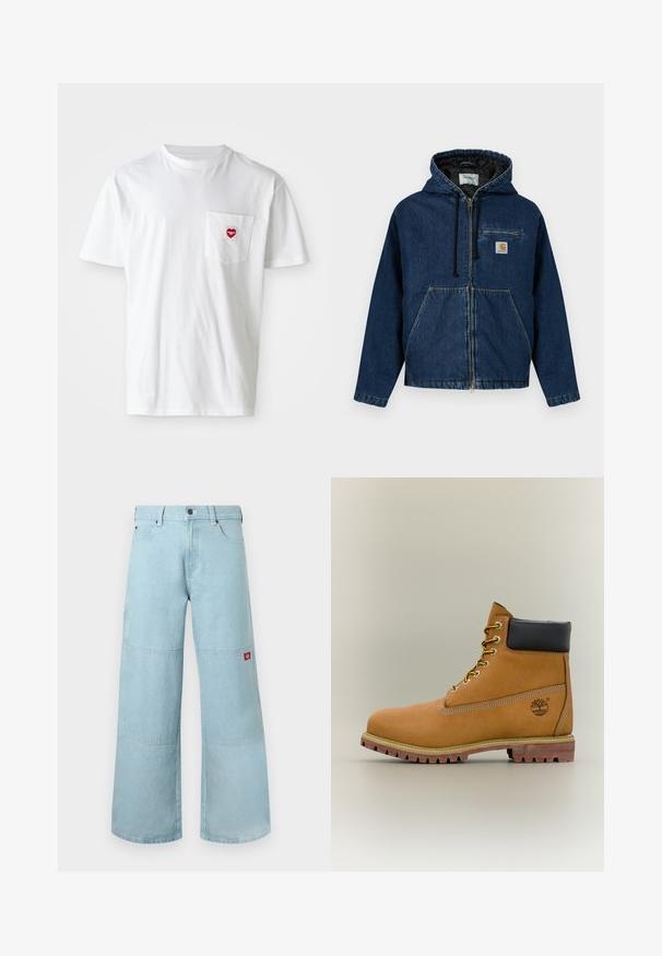 Jeanskapuzenjacke in Dunkelblau mit Reißverschluss, Fronttaschen und einer kleinen Brusttasche. Verfügt über ein schwarzes Futter und verstellbare Kordeln.; Weißes Baumwoll-T-Shirt mit rundem Halsausschnitt und kurzen Ärmeln. Verfügt über ein kleines rotes Herzlogo auf der linken Brusttasche.; Hellblaue Jeans mit weitem Bein aus Denimstoff und kontrastierenden Patches. Verfügt über eine vordere Knopfleiste und einen kleinen Logo-Patch an der Seitentasche.; Brauner Leder-Stiefelette mit schwarzem Kragen, gelben Schnürsenkeln und hellbrauner Sohle. Verfügt über ein Logo und weiße Ziernähe. Robuste Profilsohle.