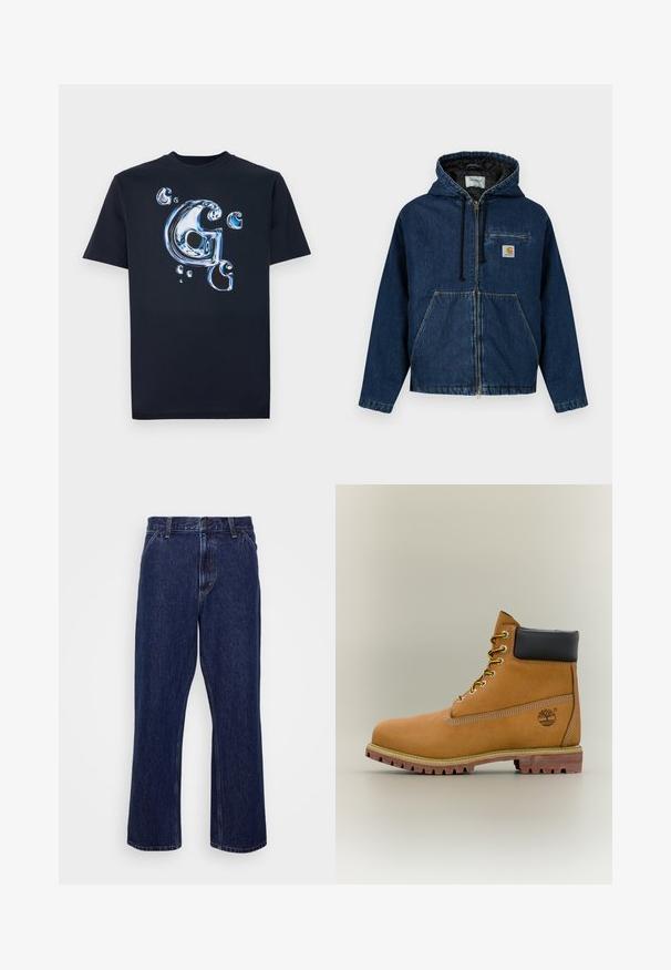 Chaqueta con capucha de mezclilla en azul oscuro con cierre de cremallera, bolsillos delanteros y un pequeño bolsillo en el pecho. Cuenta con un forro negro y cordones ajustables.; Camiseta de algodón negra con una letra "G" en estilo metálico brillante y burbujas en tonos de azul. Tienes mangas cortas y un ajuste clásico.; Jeans de mezclilla azul oscuro con un diseño de pierna recta, que cuentan con un cierre de botón, estilo de cinco bolsillos y detalles de costura sutiles.; Bota de tobillo de cuero marrón con cuello negro, cordones amarillos y suela beige. Presenta un logotipo y detalles de costura blanca. Suela exterior con tracción robusta.