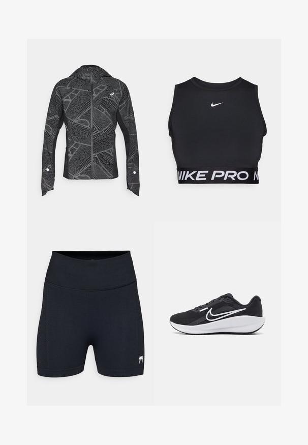 Sort atletisk jakke med reflekterende geometrisk mønster, slankt design, fuld lynlås foran og hætte. Har lommer og manchetter med accenter.; Sort sportsbh med høj hals og bredt bånd, der har "NIKE PRO" i hvidt. Fremstillet af glat, strækbart materiale. Nike-logo på brystet.; Sorte atletiske shorts med en glat stof og mesh-sidedele. Har en bred talje og et lille logo på det nederste ben.; Sort sportssko med mesh-overdel, hvide detaljer, polstret sål og et strømlinet design. Har en rund tå og flad ydersål.